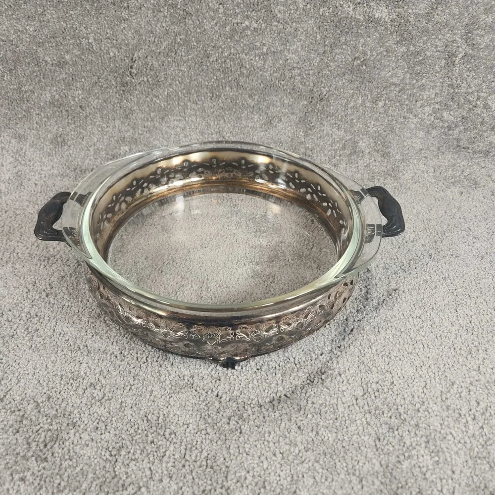 Vintage Silver Plate Pierced Pyrex Casserole Dish Holder with Glass Insert